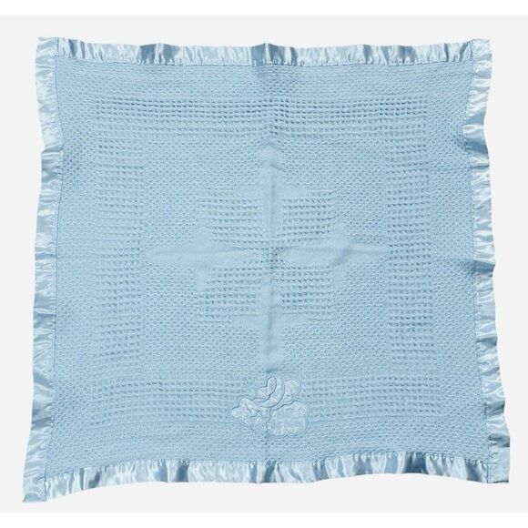 Kidgets Blue Waffle Weave Satin Edge Bless This Baby Blanket 28x29 Thermal Throw - Picture 1 of 11